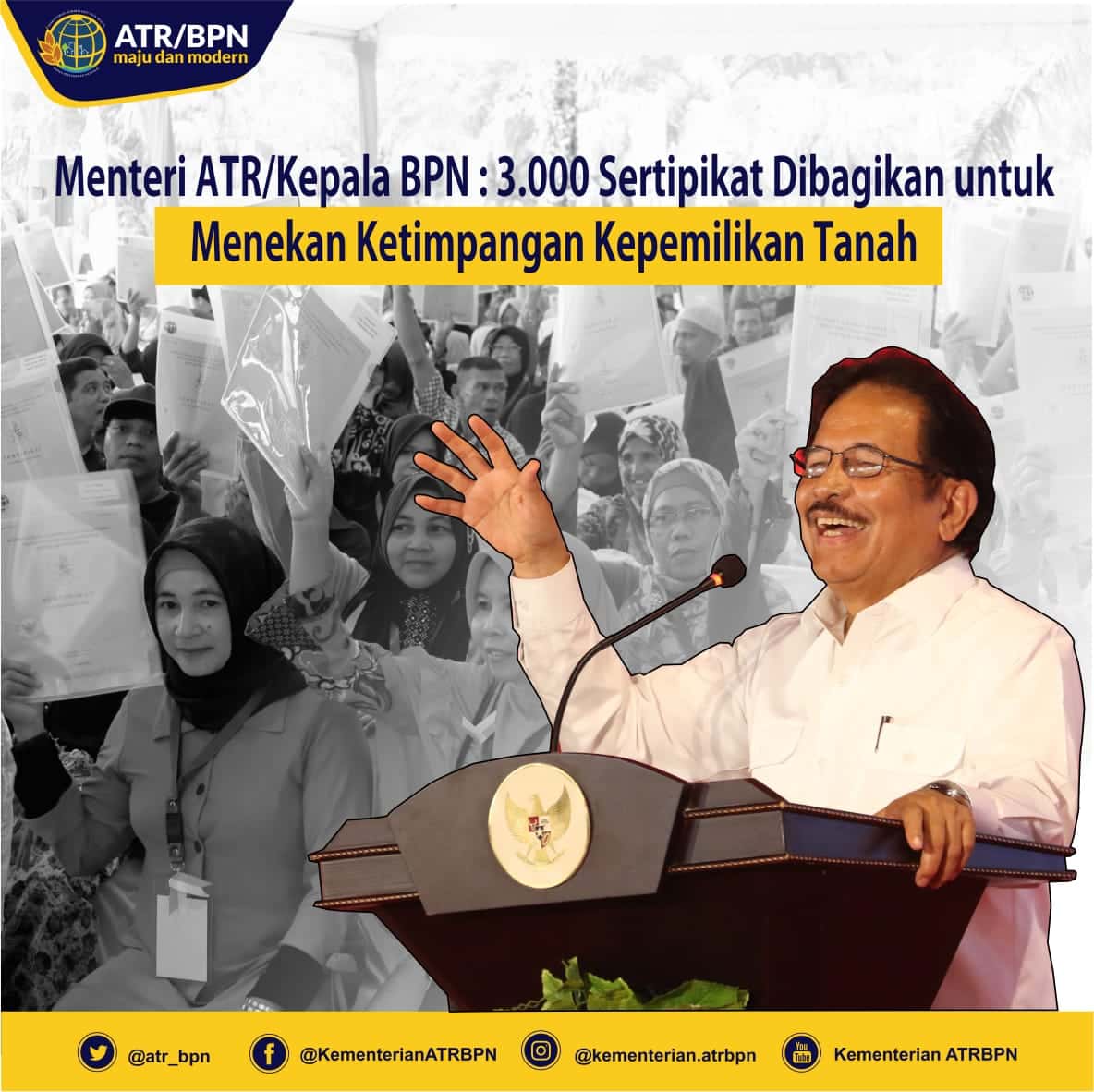 Menteri ATR/Kepala BPN: 3.000 Sertipikat Dibagikan untuk Menekan Ketimpangan Kepemilikan Tanah