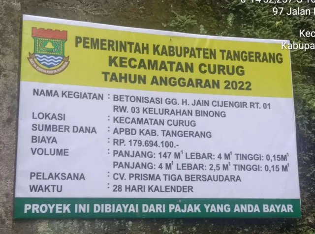 Proyek Betonisasi di Jalan Gang H. Jain Cijengir, Kasi Ekbang Kecamatan Curug Terkesan Tutup Mata