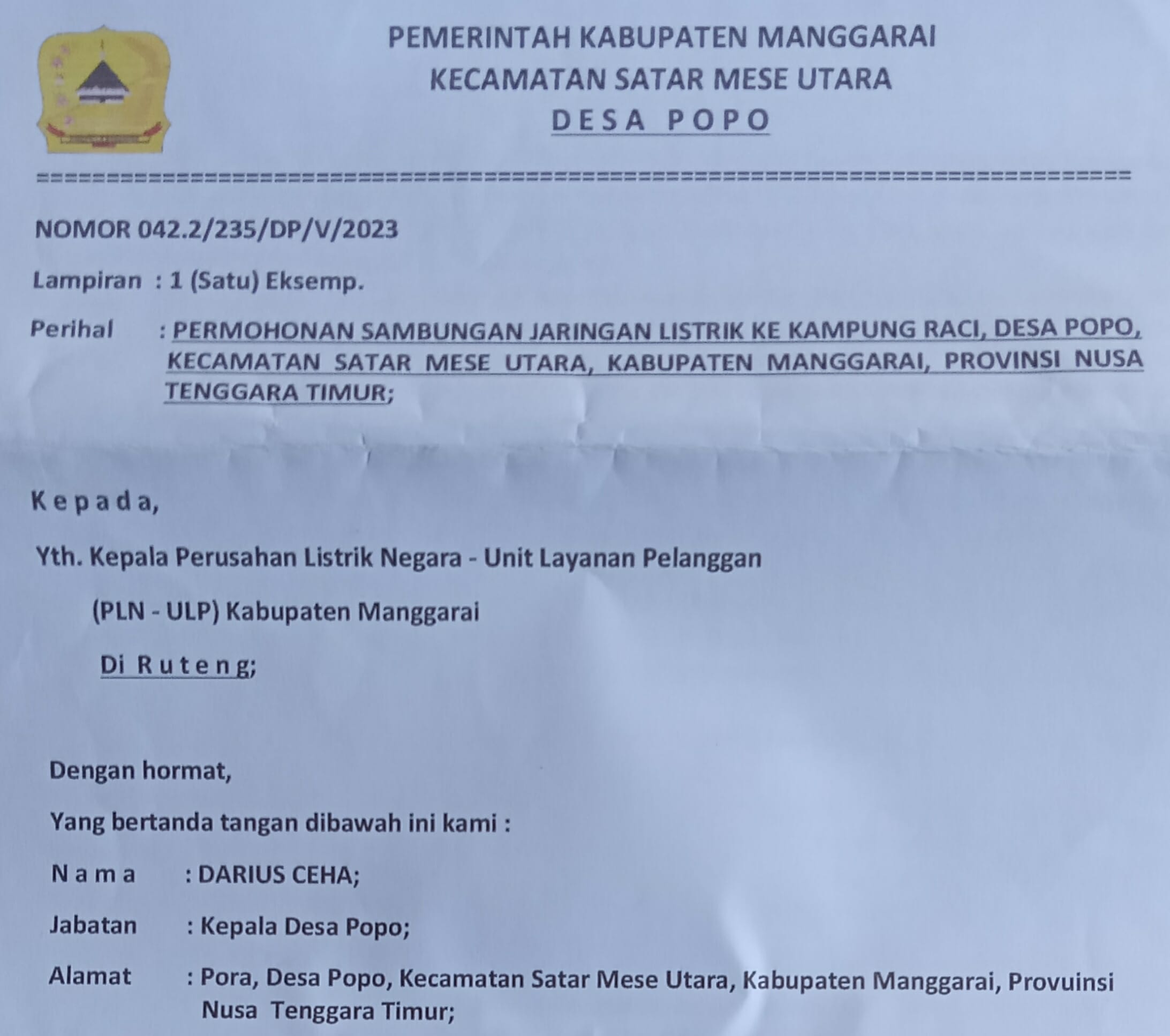 Belum Semua Kampung Teraliri Listrik,Kades Popo Kabupaten Manggarai Ajukan Permohonan Ke PLN ULP Ruteng